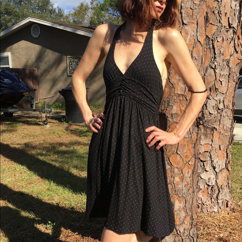 Black and white polkadot backless dress